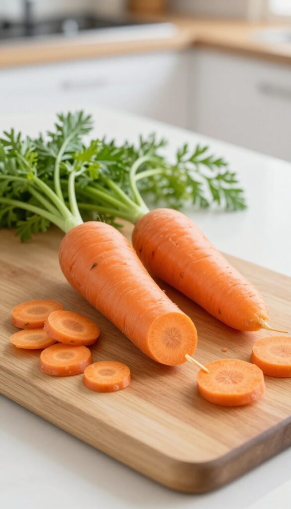 Fresh carrots with green tops on a wooden cutting board, with sliced carrot pieces.