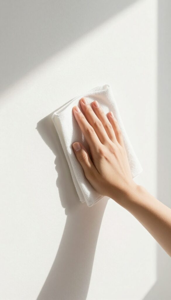 Hand touching a painted wall with a microfiber cloth in bright natural light