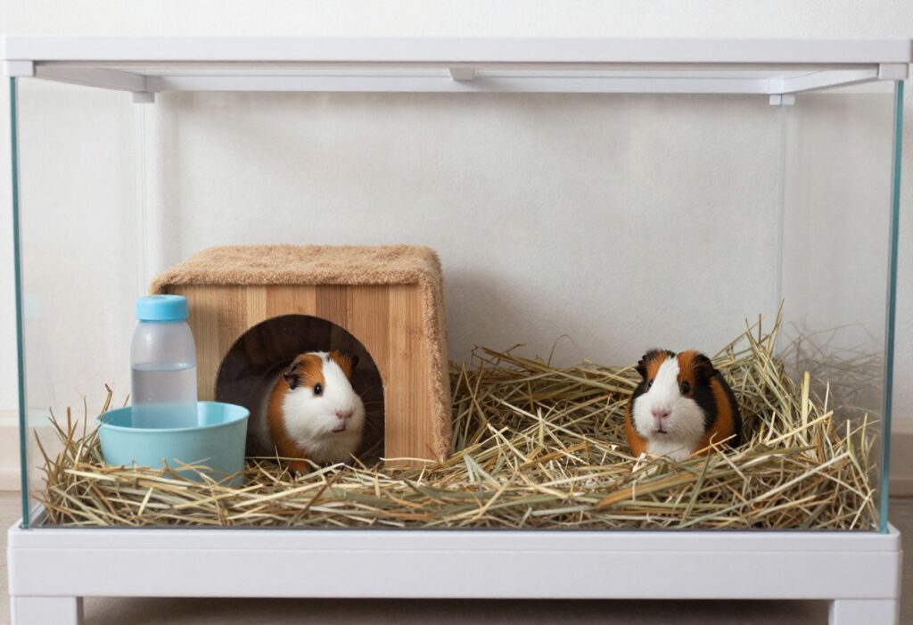 Guinea pig cage with fleece liners, hideout, hay rack, and water bottle.