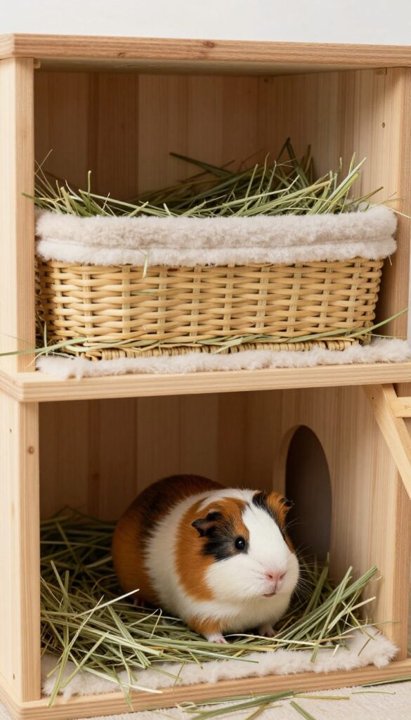 Multi-level guinea pig cage with hay loft, ramp, and hideout