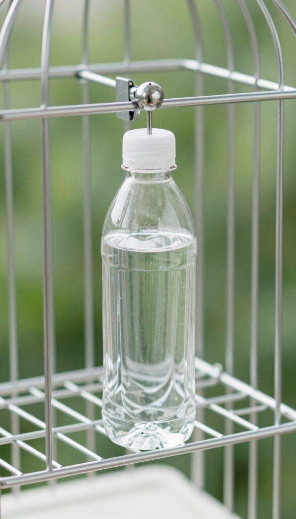 Guinea pig water bottle with bracket attached to cage bars, clear plastic, metal tip, bright natural light, clean composition
