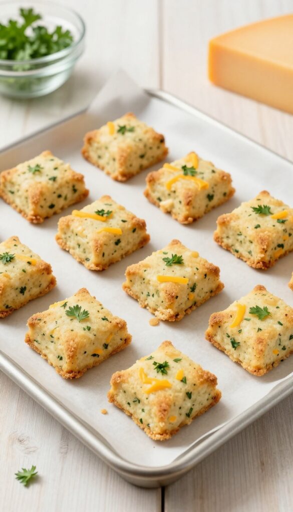 Homemade dog treats on a sheet pan, featuring cheddar cheese and parsley, baked golden brown and scored into squares.