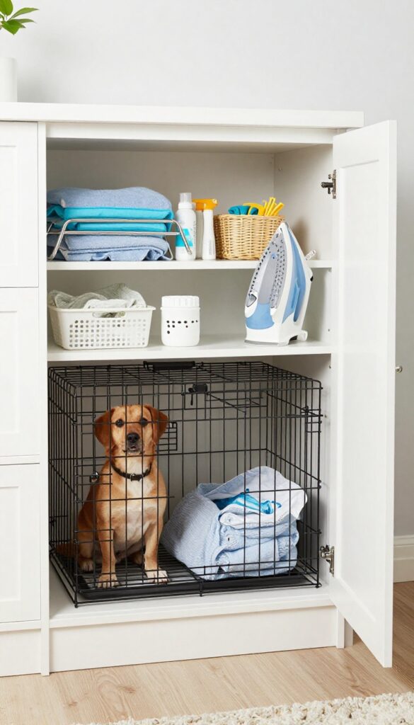 Laundry room with dog crate and built-in fold-down ironing board above it