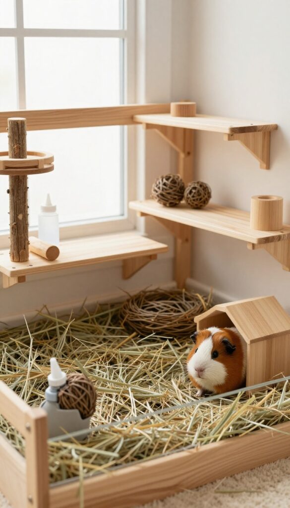 Guinea pig enclosure with wooden ledges and chew toys