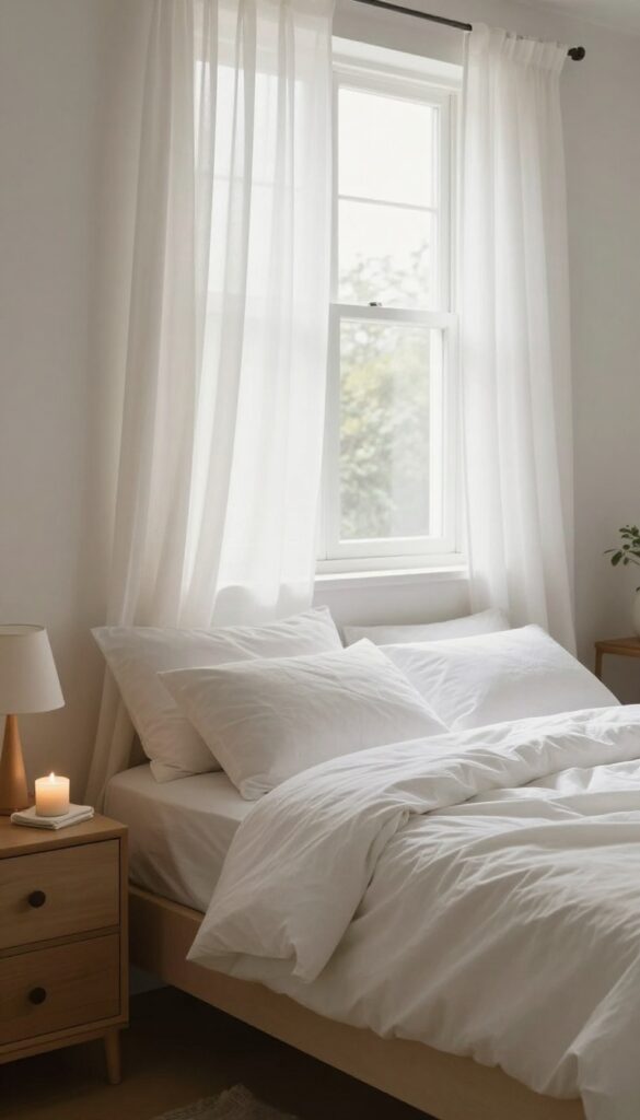 A clean, bright bedroom with natural light from open curtains, a warm lamp, and a tidy bed, creating a calm and inviting atmosphere.