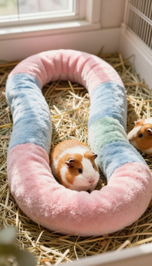 Guinea pig tunnel network with hay stashes in a bright cage