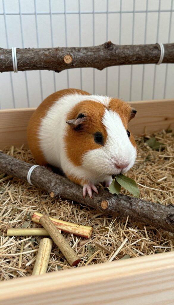 Guinea pig climbing on low apple branches in a natural cage setup