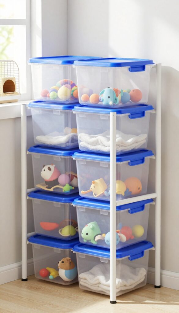 Clear stackable storage bins on a white shelving unit in a bright guinea pig room, organized with seasonal supplies and toys visible inside.