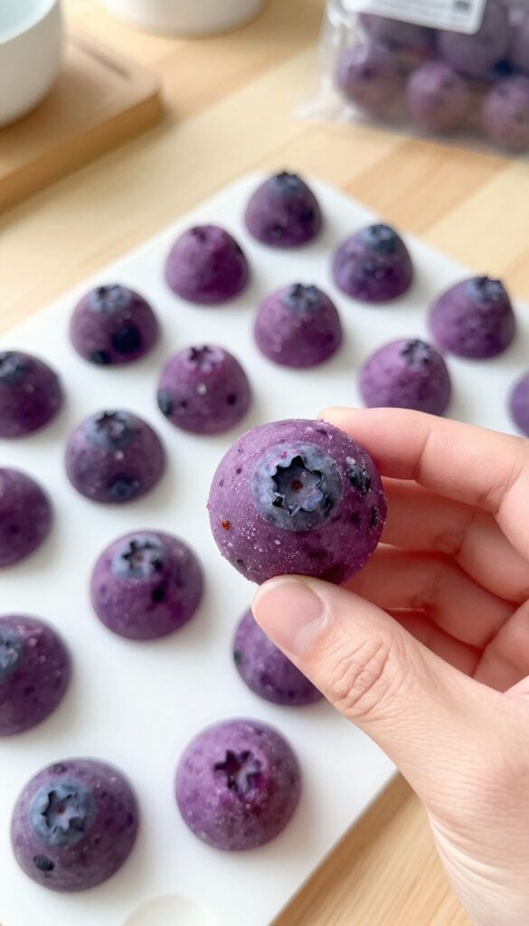 Homemade frozen dog treats made with rabbit meat and blueberries in a silicone mold tray, ready to serve as a cool novel protein snack.