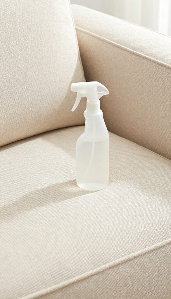 Enzyme cleaner spray bottle on a clean fabric sofa cushion with a wet patch, bright natural light, photorealistic, home cleaning inspiration.