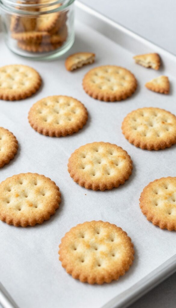 Homemade beef liver and coconut flour dog crackers arranged on a baking sheet, with a jar of crackers in the background.