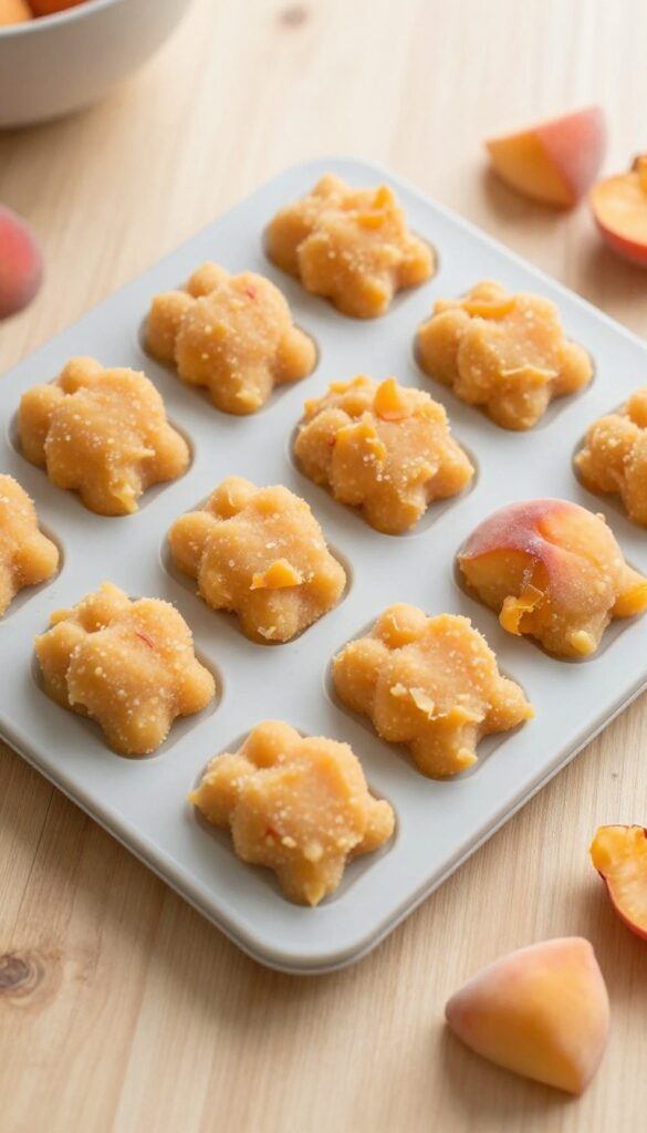 Silicone mold tray of frozen peach and sweet potato puree dog treats in bone and paw shapes, with a few pops removed and resting on a wooden surface.