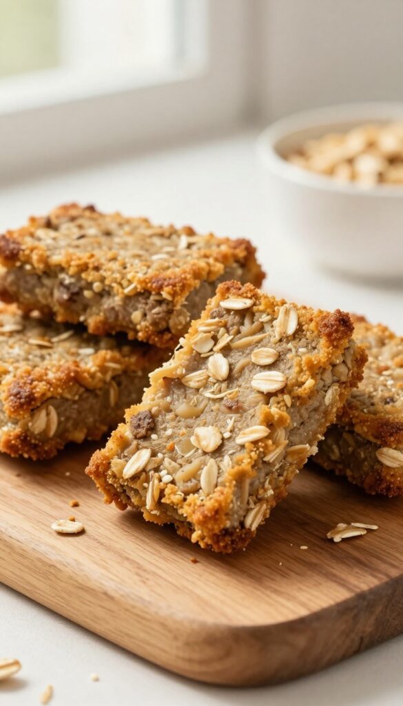 Homemade beef heart and oatmeal dog patties stacked on a wooden board, with crumbled pieces near a dog bowl, showing crispy golden-brown texture.