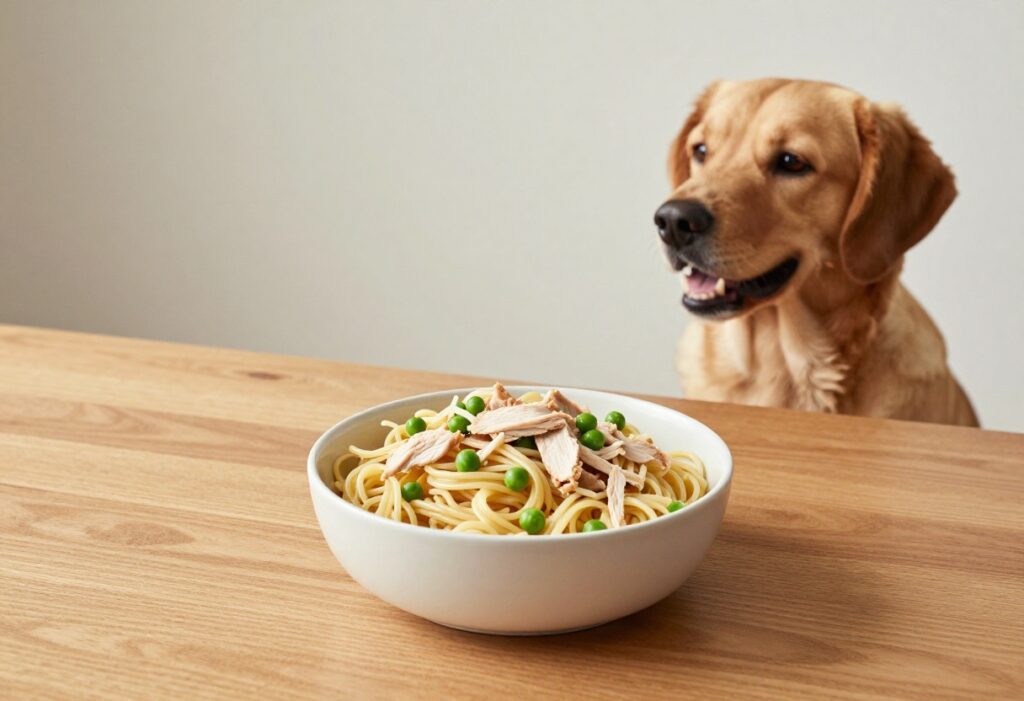 Dog bowl with homemade chicken and pea pasta meal, dog watching eagerly