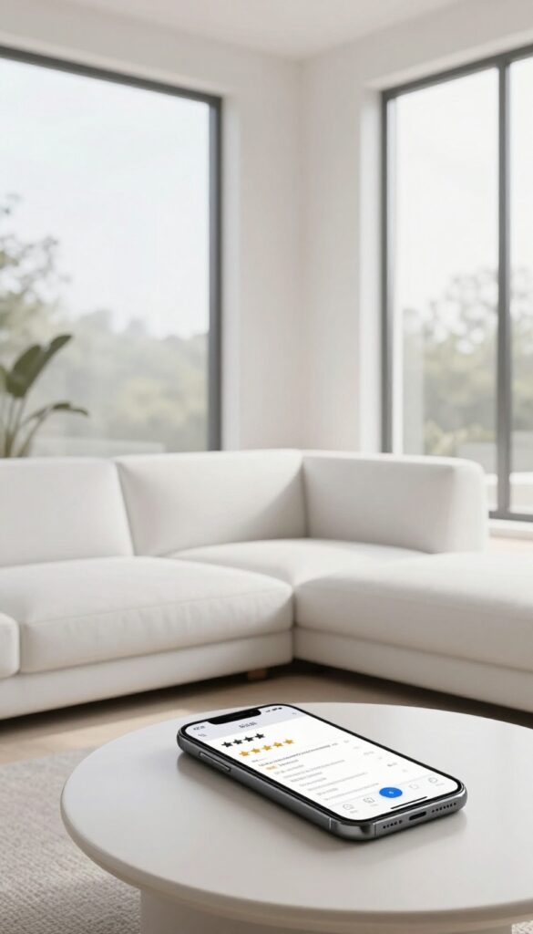 Smartphone showing online reviews next to a clean white sofa in a bright living room