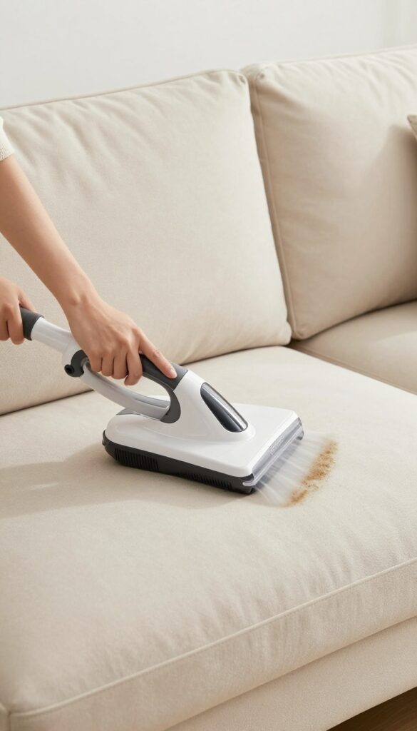Person steam cleaning a beige sofa in a bright living room, deep cleaning fabric fibers.