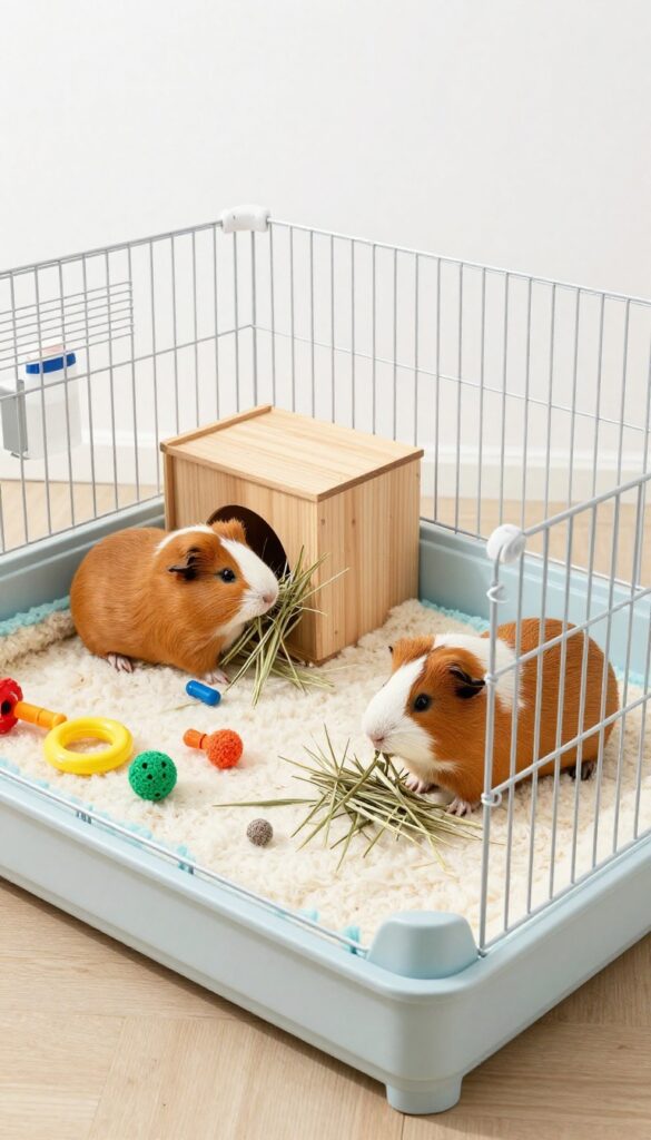 Guinea pig enclosure made from a large dog crate with fleece bedding, hideout, hay rack, water bottle, and toys.