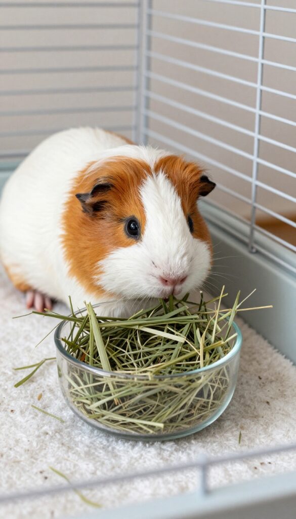 Guinea pig sniffing a hay ball and hay feeder in a clean cage setup