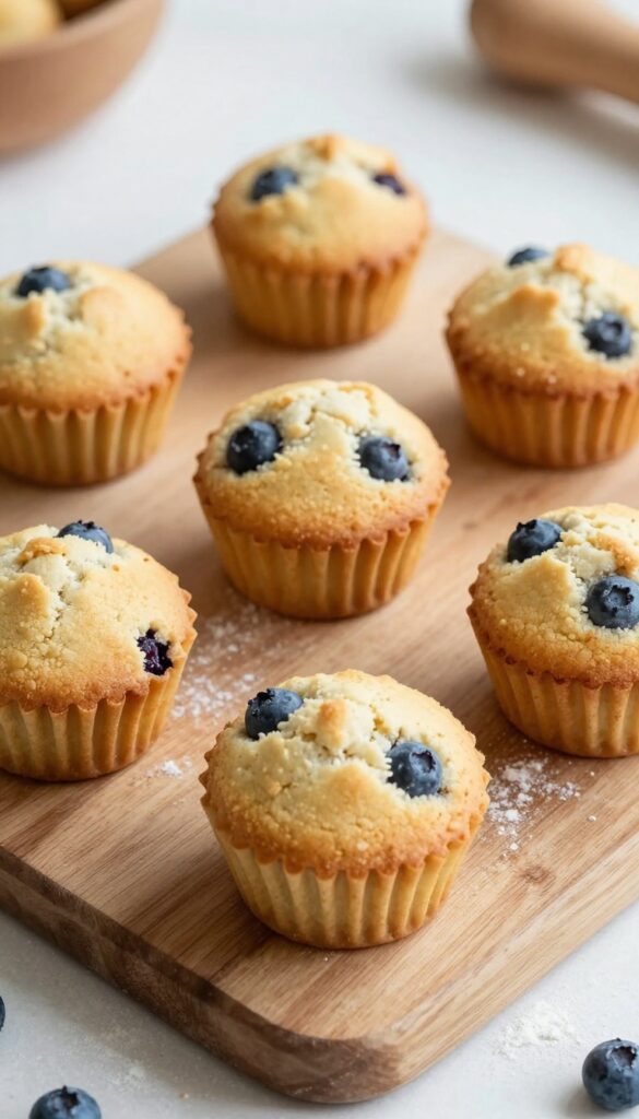 Homemade rabbit and blueberry mini dog muffins arranged on a wooden board, golden brown with blueberry pieces visible, soft natural light, overhead view.