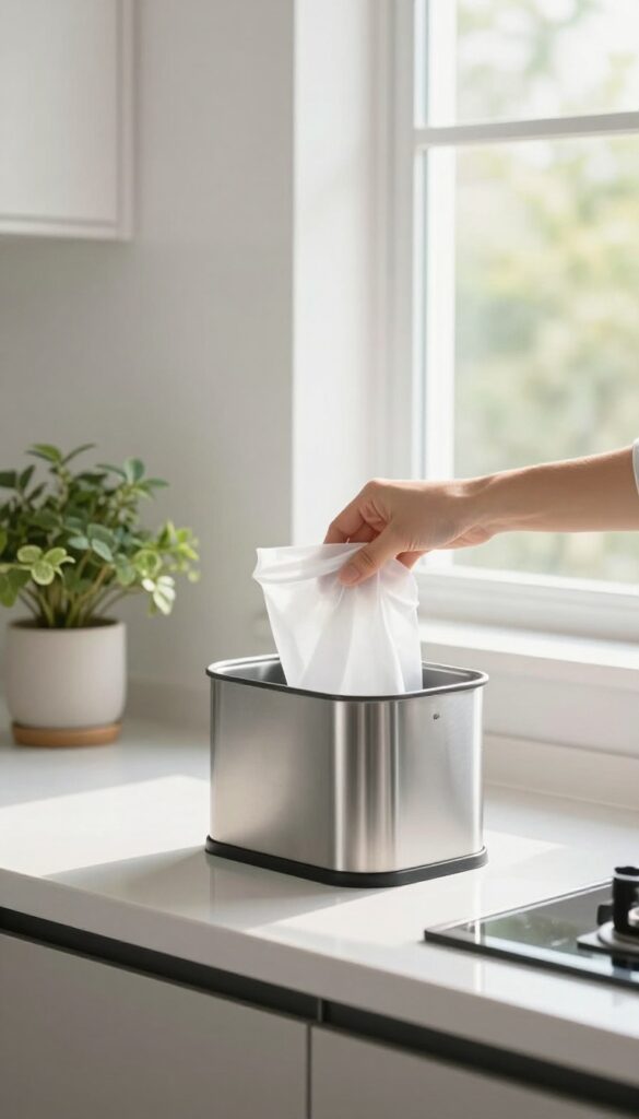 Hand placing a new white trash bag into a clean stainless steel kitchen bin, bright natural light, spotless counter.