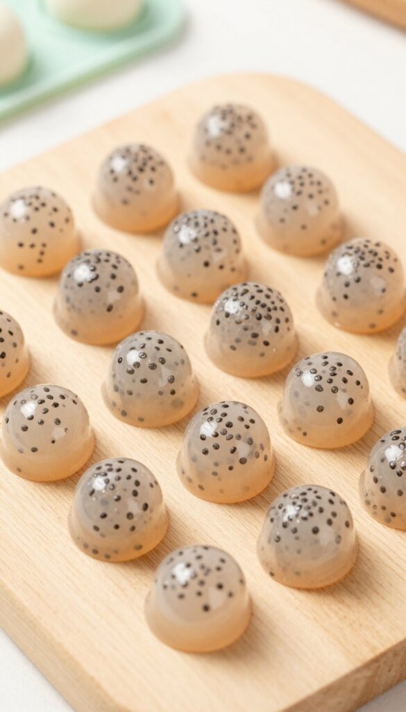 Soft peach and chia seed gel bites for dogs, arranged on a wooden board with silicone molds in the background.