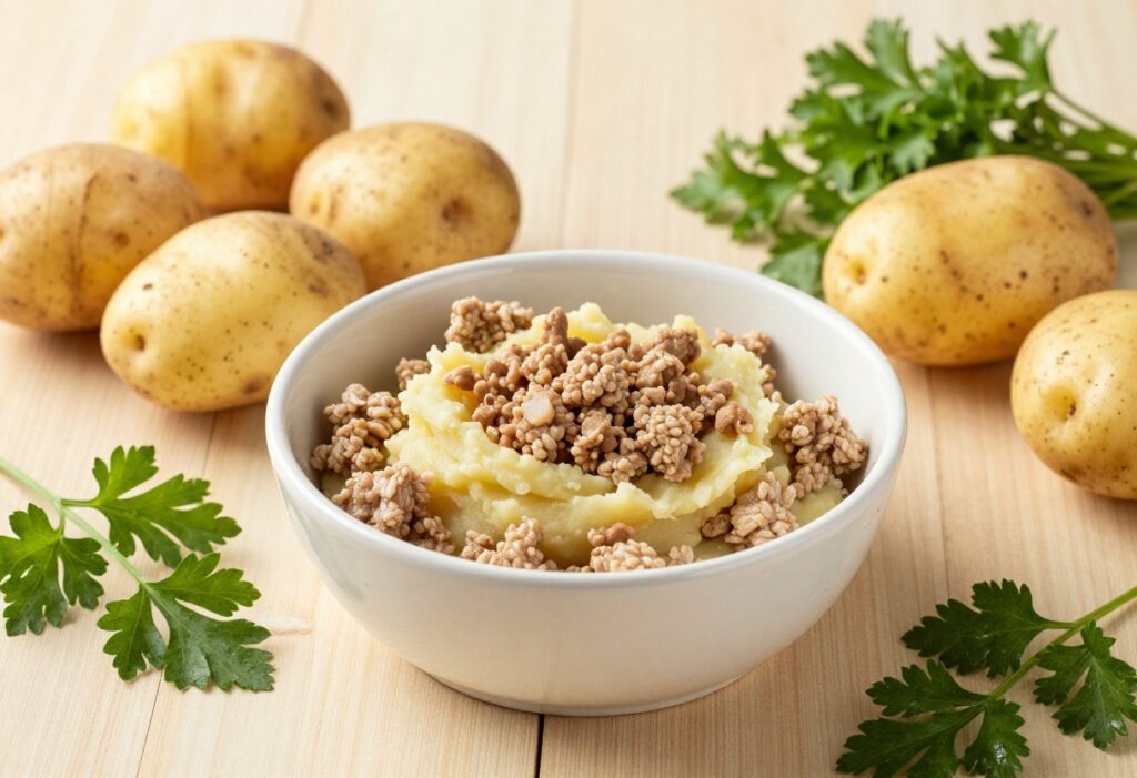 Homemade potato and turkey dog food in a bowl with fresh ingredients on a wooden table.