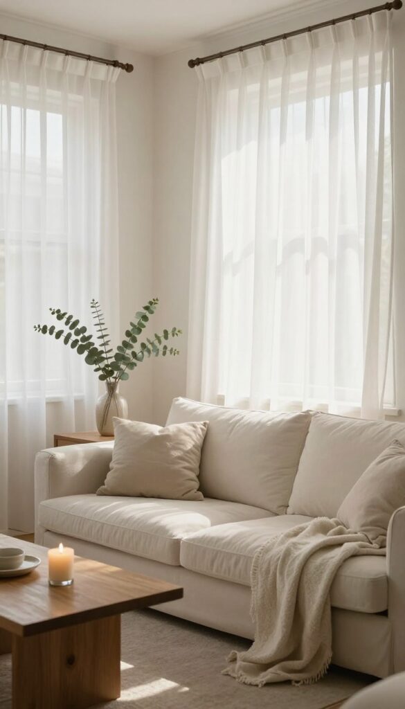 A fresh and clean living room with open windows, a candle, and eucalyptus, after deep cleaning.