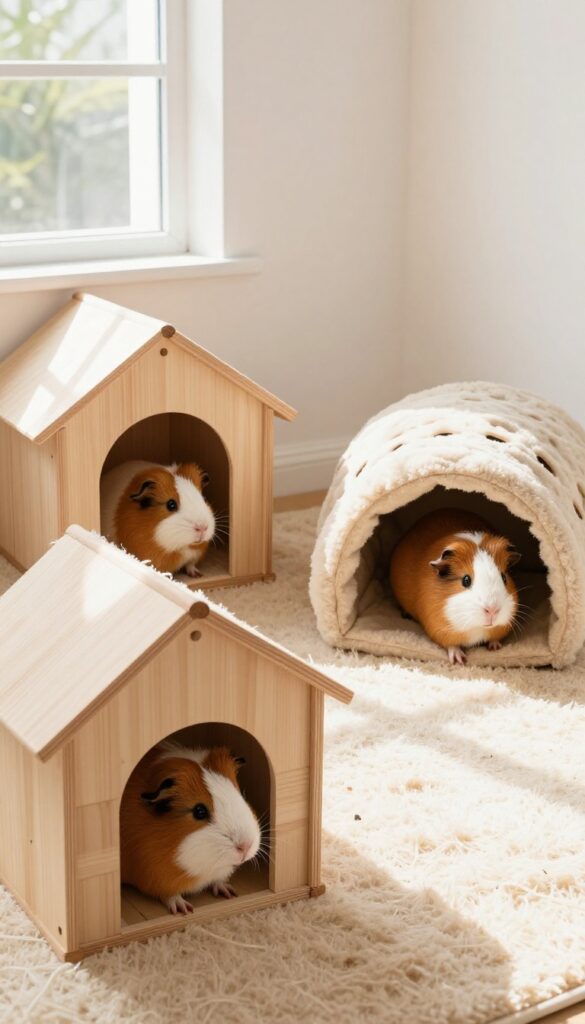 Guinea pig enclosure with wooden house, fleece tunnel, and igloo hideout, two guinea pigs exploring.