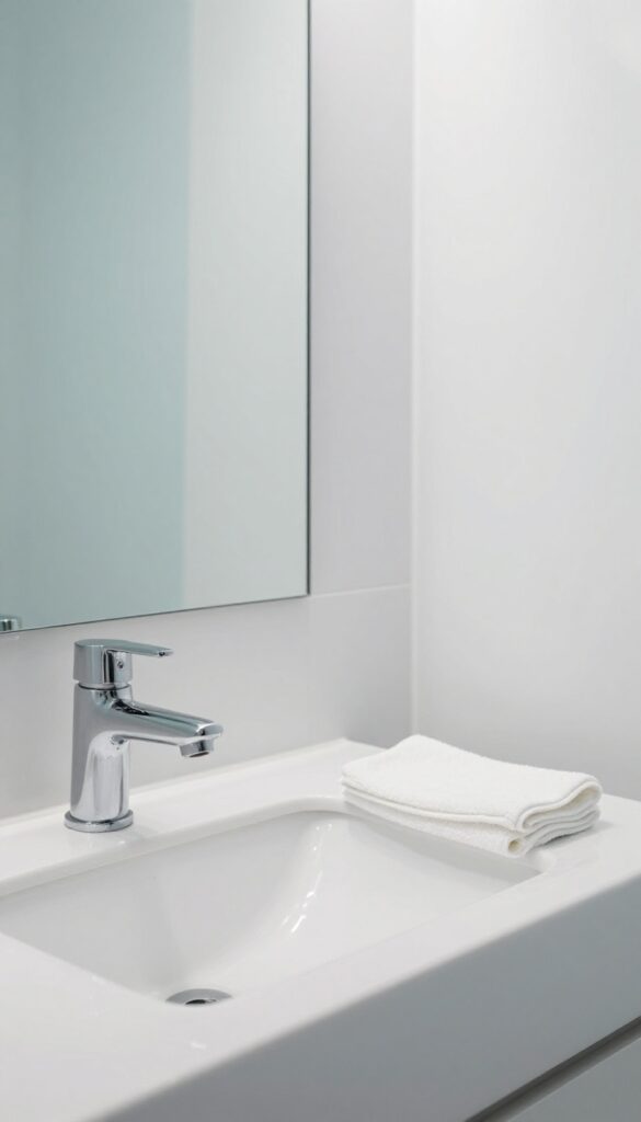 Clean bathroom mirror and shiny chrome faucet reflecting light, with a microfiber cloth nearby.