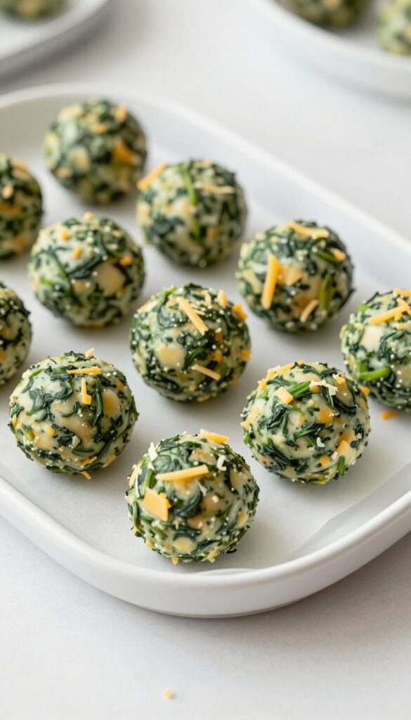 Homemade dog treats: cheese and spinach balls on a tray, no peanut butter or pumpkin.