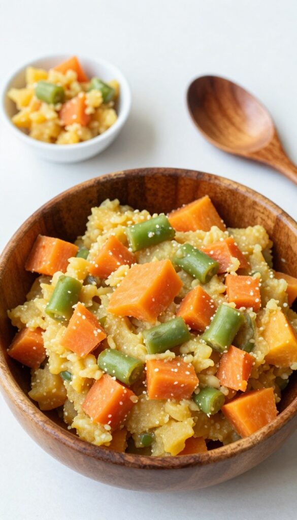 Homemade dog food topper: veggie medley mash with sweet potato, carrots, and green beans in a wooden bowl, served as a colorful, nutrient-packed topper for picky eaters.
