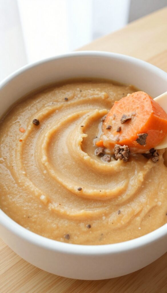 Homemade carrot and beef dog food mash in a white bowl with silicone portion molds, soft feeding texture for senior dogs.