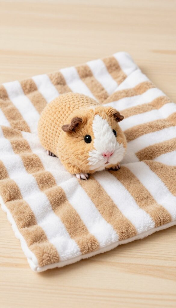 Handmade guinea pig lovey blanket with crocheted head on wooden surface.