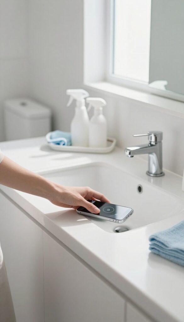 A person setting a 15-minute timer on a phone in a clean, bright bathroom with cleaning supplies nearby.