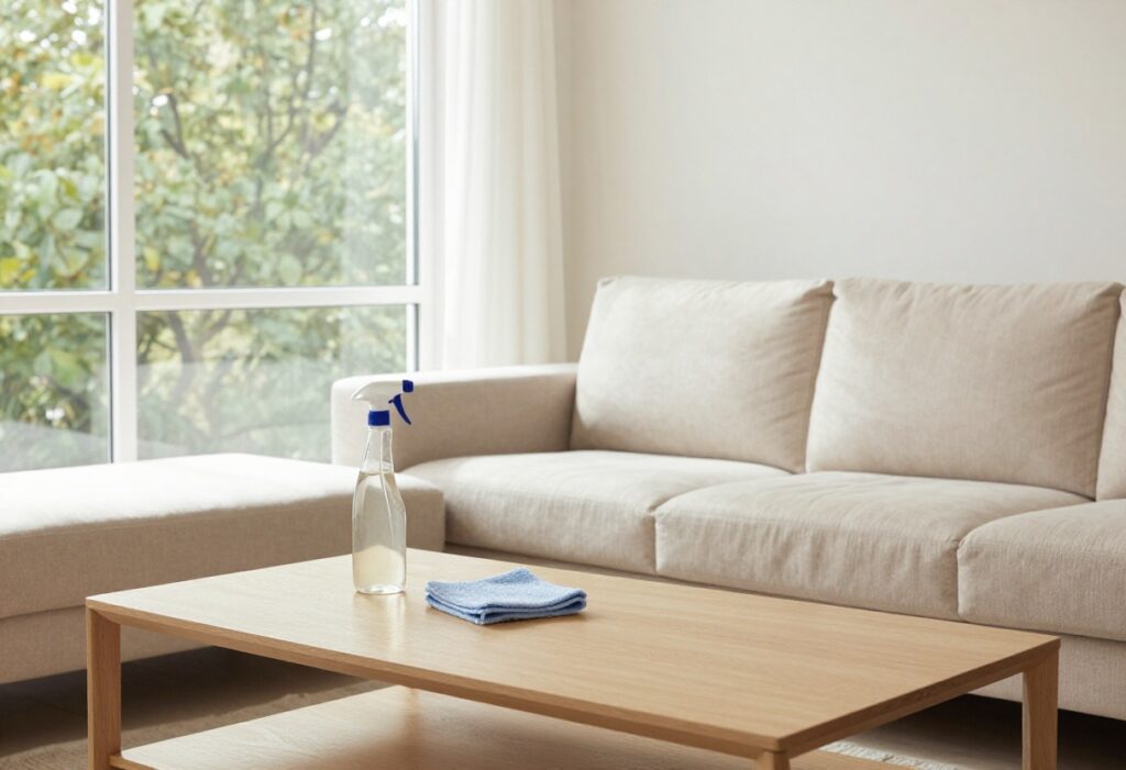 Clean beige sofa in a sunlit living room with cleaning supplies on a coffee table.