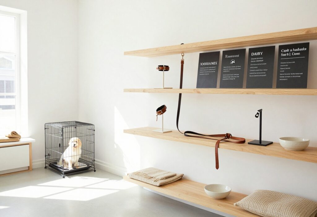 Stylish dog boutique interior with curated luxury display of collar, leash, bed, and bowl