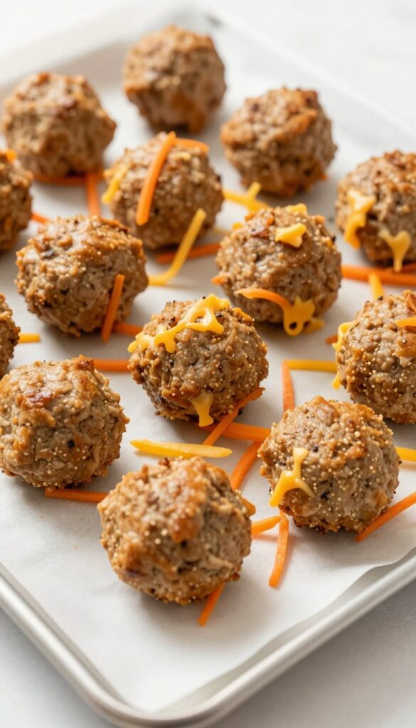 Homemade cheesy chicken and carrot dog meatballs baked on a parchment-lined sheet, golden brown and ready for meal prep.