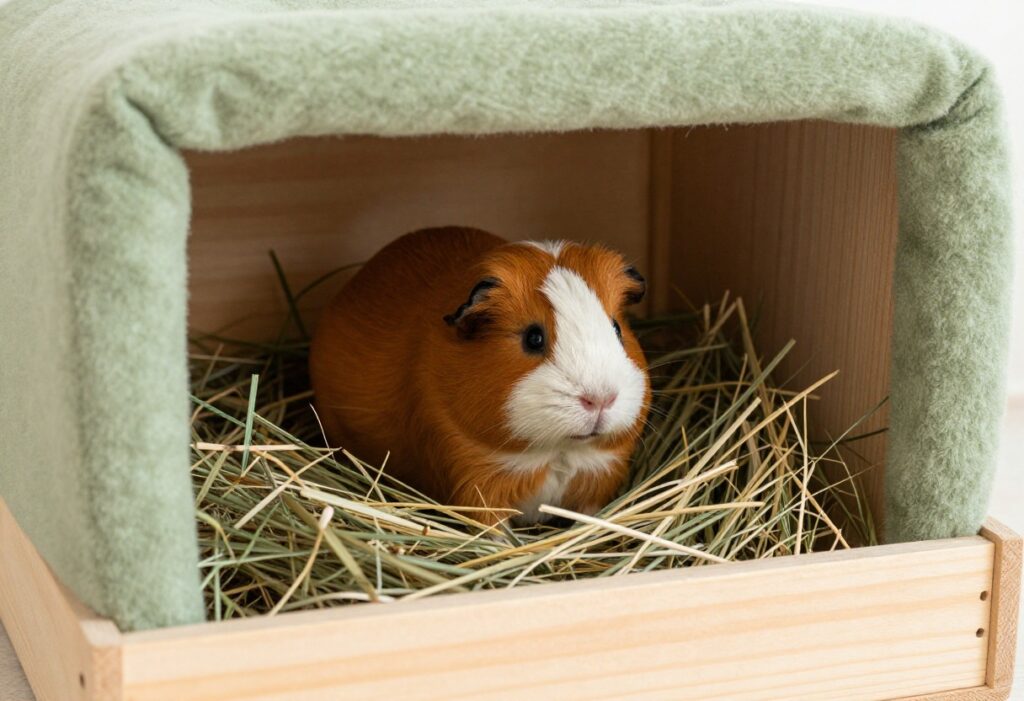 Guinea pig in a natural-style cage with fleece liner, wooden hide, and grass patch