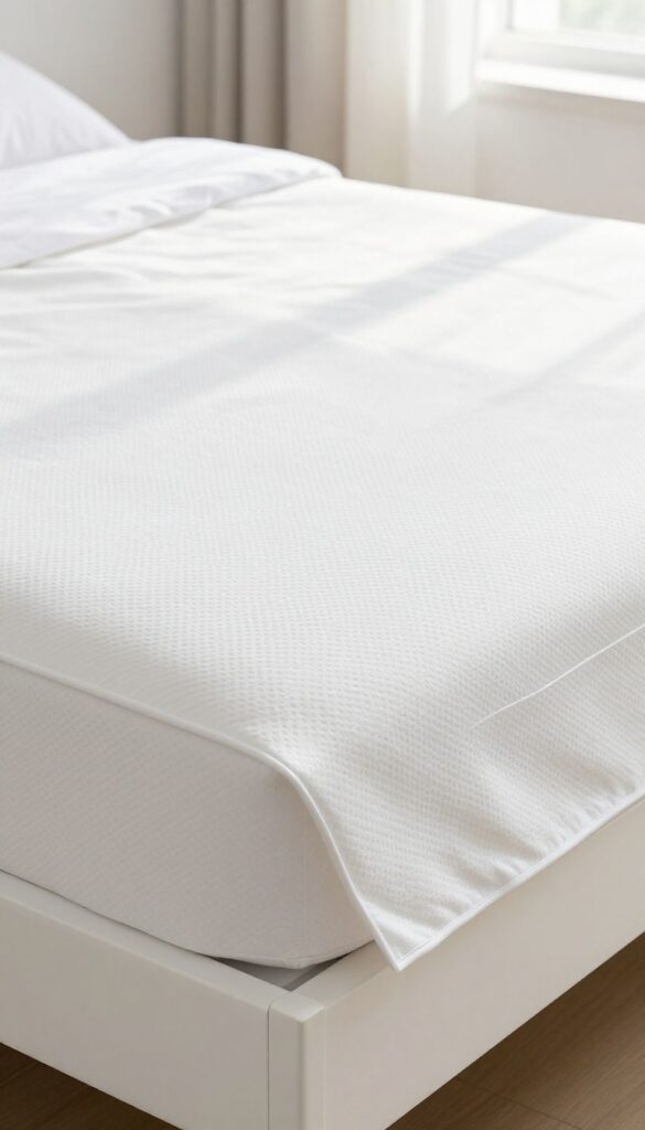 A neatly fitted white mattress protector on a clean bed, with soft natural light and a corner lifted to show the mattress underneath.