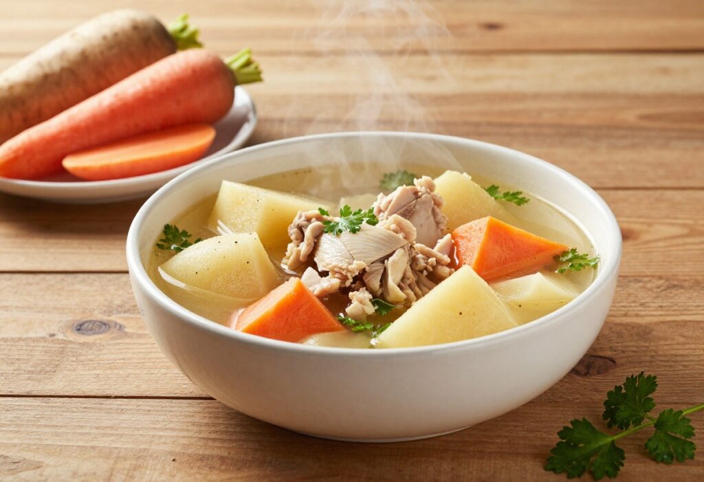 Homemade turnip dog food stew in a dog bowl with fresh vegetables on a wooden table.