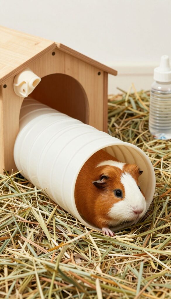 Guinea pig enclosure with tunnel system connecting hideout, hay, and water, natural light