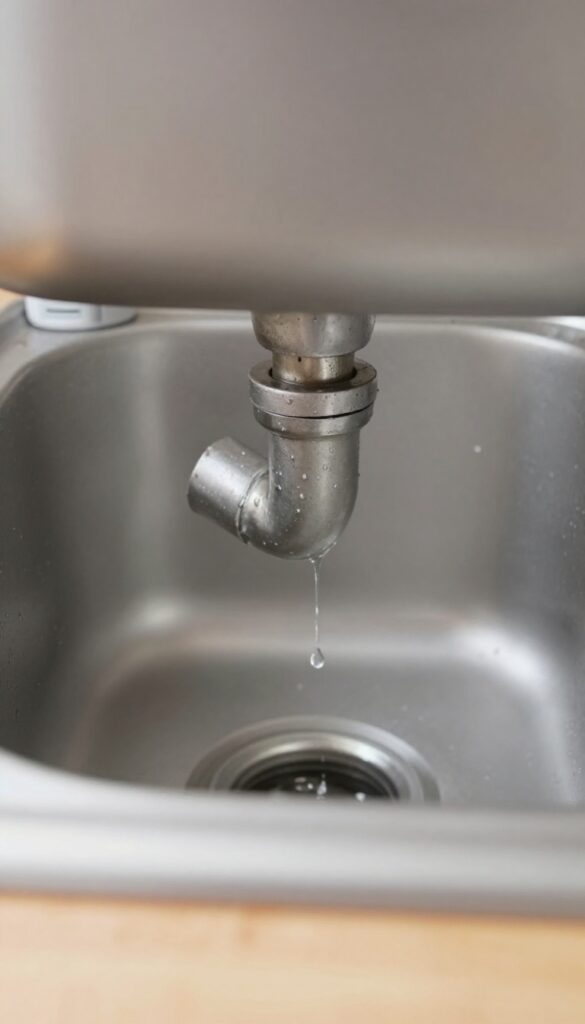 Close-up of a leaky pipe under a sink with a water drip, dehumidifier in background, bright natural light, photorealistic home maintenance photography.