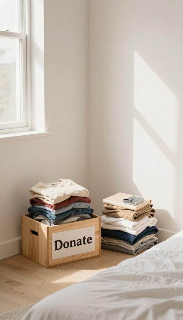 A clean bedroom corner with a donation box and a small pile of unused items, ready to be donated or discarded, in bright natural light.