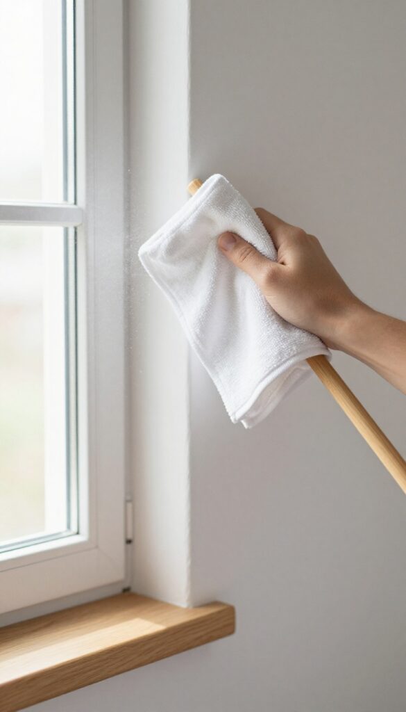 Person using a stick with a cloth to clean a dusty corner near the ceiling