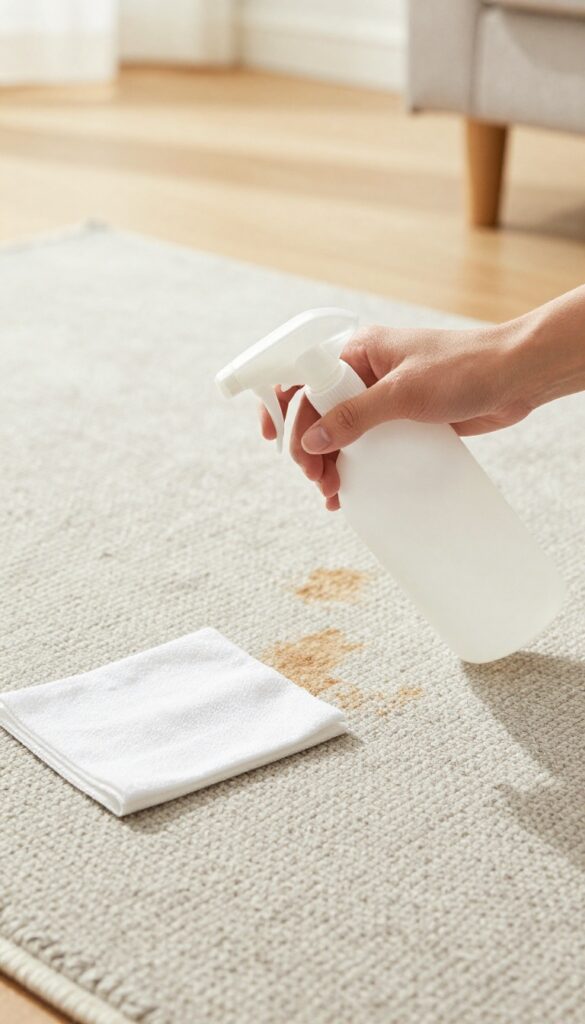 Person spraying DIY stain remover on a rug stain, with a white cloth nearby, in a bright living room.