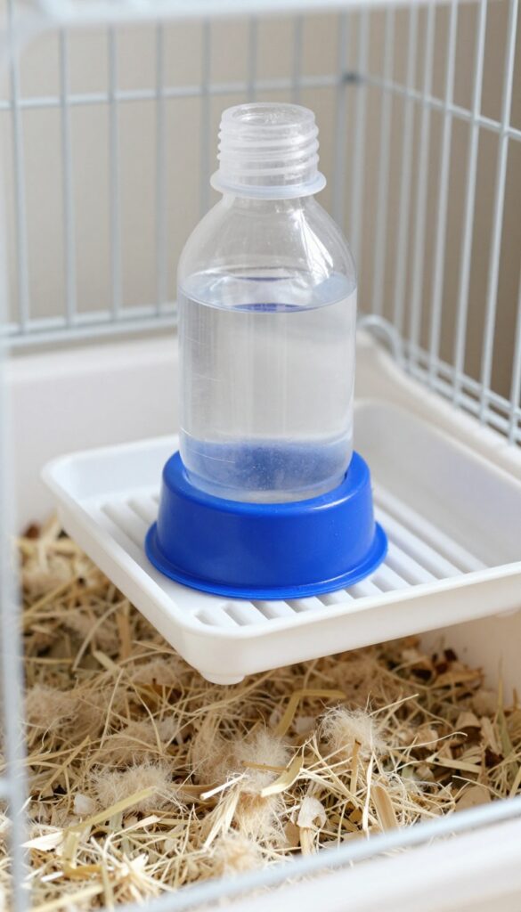 A water bottle with drip tray attached to a guinea pig cage, keeping the bedding dry and clean.