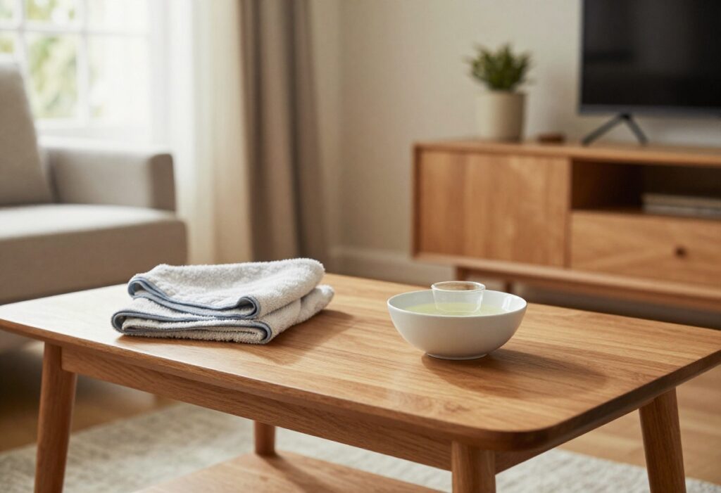 Gentle cleaning wood furniture with natural products in a warm home