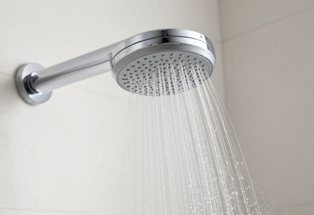 Close-up of a clean chrome shower head with water spray