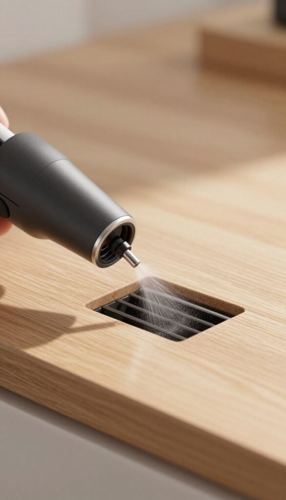 Using compressed air to clean dust from a gaming console vent on a shelf