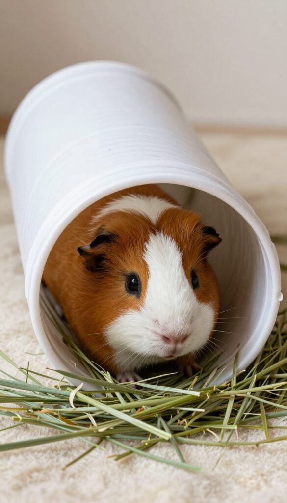 Guinea pig pushing through hay-filled sock at end of PVC pipe tunnel in habitat